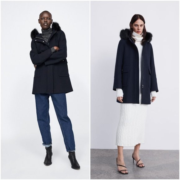 ZARA NAVY BLUE WOOL BLEND DETACHABLE FAUX FUR HOOD COAT WITH POCKETS $129 - Picture 4 of 14